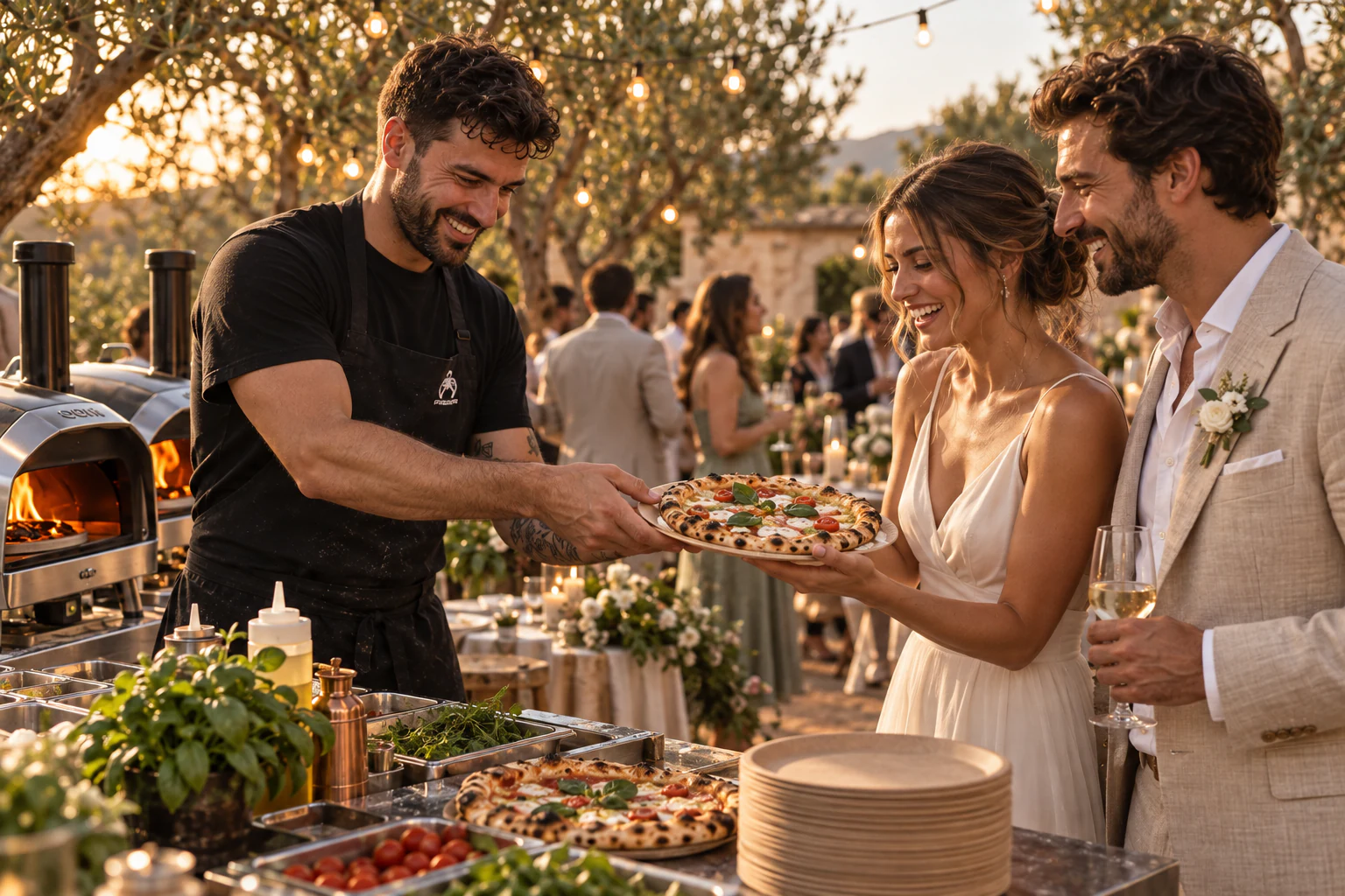 Ενδεικτική σκηνή pizza catering σε γάμο, με φορητούς φούρνους και καλεσμένους